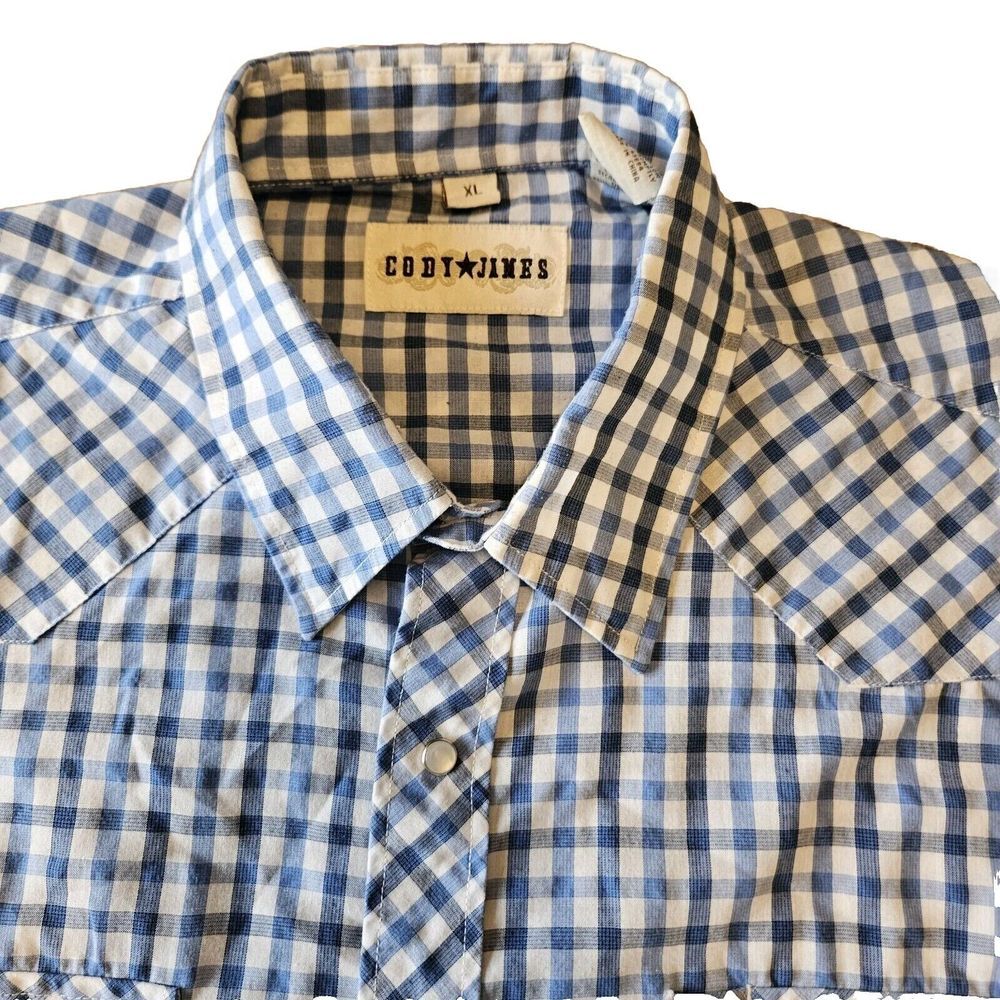 Cody James Pearl‎ Snap .. Mens XLARGE Blue Gray Plaid Sawtooth Pocket Flip Cuff